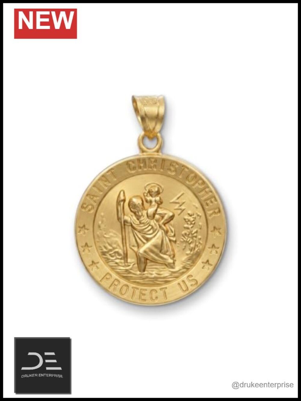 14K Gold St Christopher Pendant Medal Double-Bonded Religious Jewelry Gift